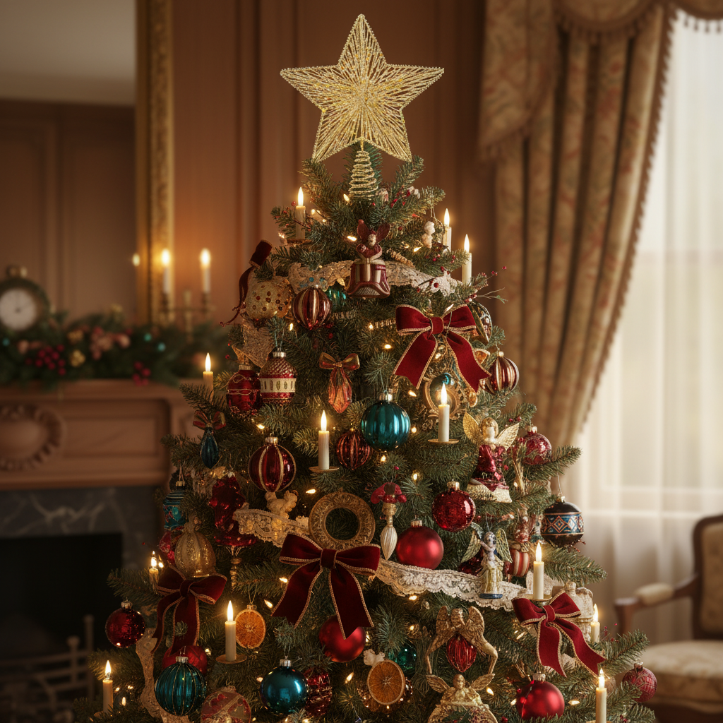 Gold star-shaped Christmas tree topper on a white background