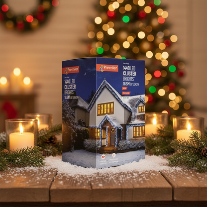 Box of Premier LED Cluster Lights with a house illustration on a white background