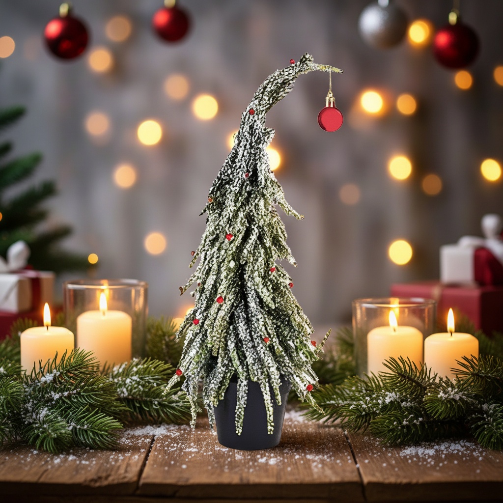 Frosted Leaning Christmas Tree with Red Baubles 35cm