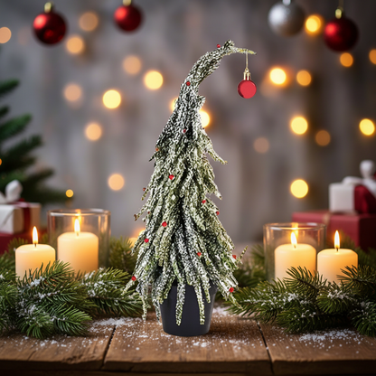 Frosted Leaning Christmas Tree with Red Baubles 35cm