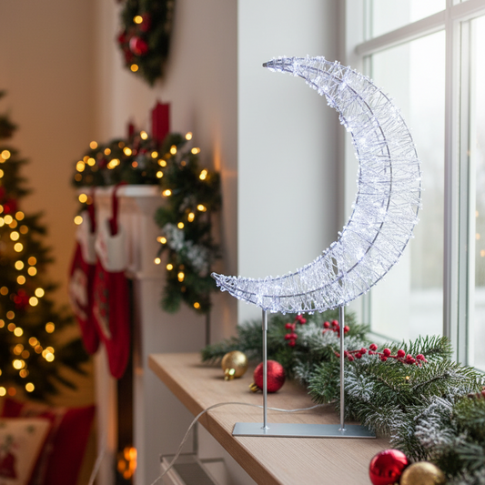 Decorative LED moon light on a stand with Christmas decorations in the background