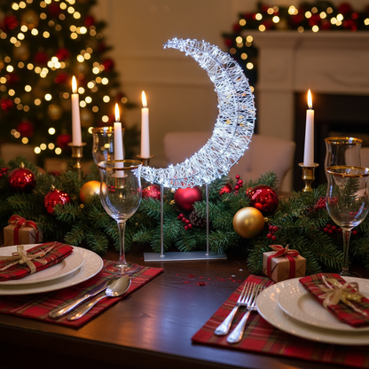 Silver Lit Crescent Moon Table Top Twinkling LED Christmas Decoration