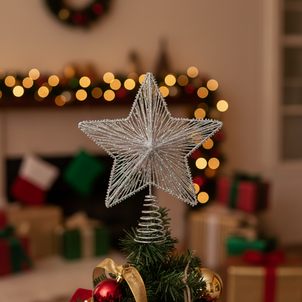 Star-shaped Christmas tree topper with metallic finish on a white background