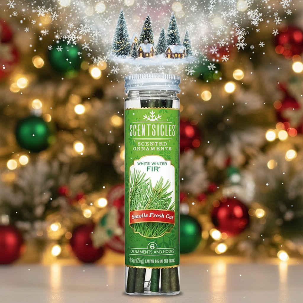 Scentsicles scented ornament packaging with Christmas tree and decorations in the background