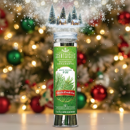 Scentsicles scented ornament packaging with Christmas tree and decorations in the background