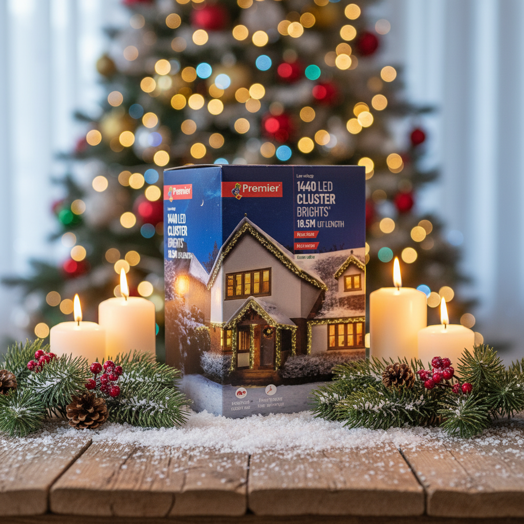 Box of Premier LED Cluster Lights with a house decorated with lights on the cover