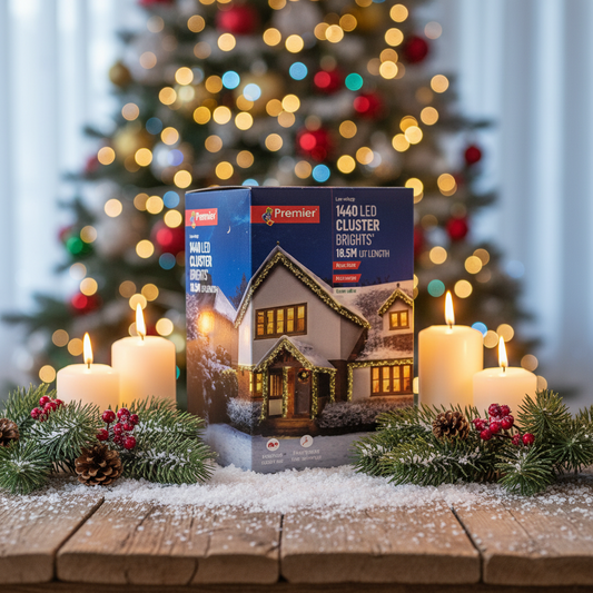 Box of Premier LED Cluster Lights with a house decorated with lights on the cover