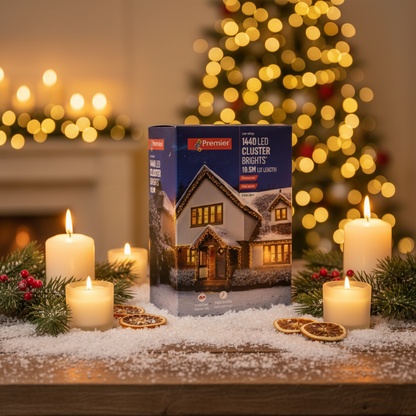 Box of Premier LED Cluster Lights with a snowy house illustration on a white background
