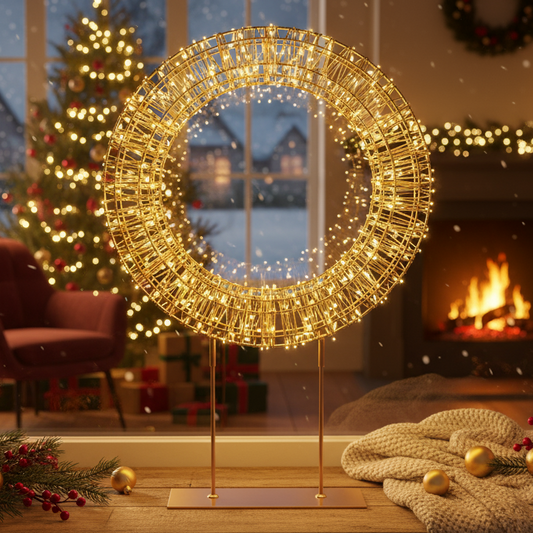 Decorative lighted wreath in a cozy living room with Christmas tree and fireplace.