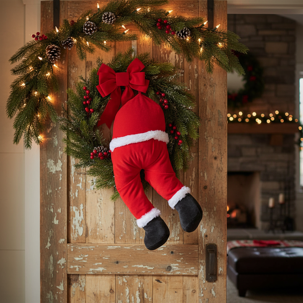 A plush red and white Christmas decoration resembling Santa's legs with attached mittens and a hanging loop.