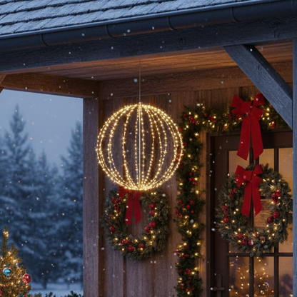 A spherical LED light with a black metal frame and multiple warm white LED lights, floating in space against a dark background.