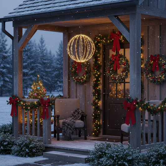 A spherical LED light with a black metal frame and multiple warm white LED lights, floating in space against a dark background.