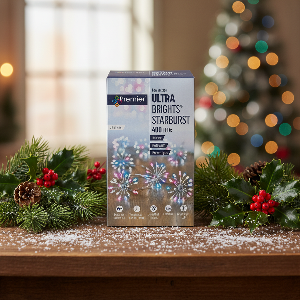 Box of Ultra Brights Starburst LED string lights with Premier logo on a white background