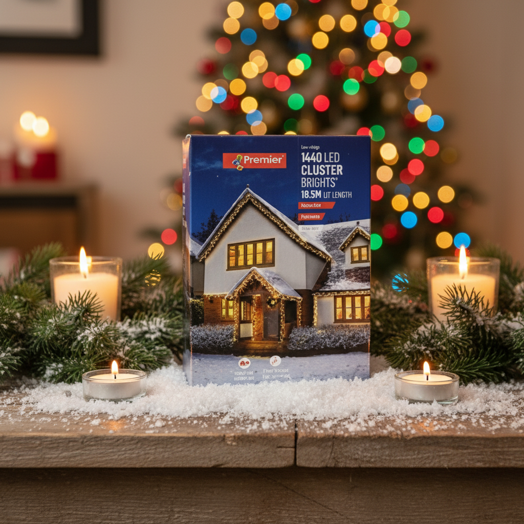 Box of Premier LED Cluster Lights with a house decorated in the background