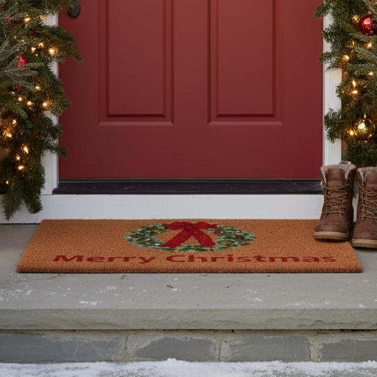 Doormat with 'Merry Christmas' text and wreath design on a red door with Christmas decorations.