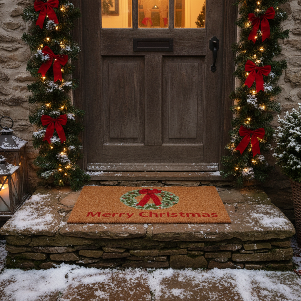 Merry Christmas Wreath Door Mat