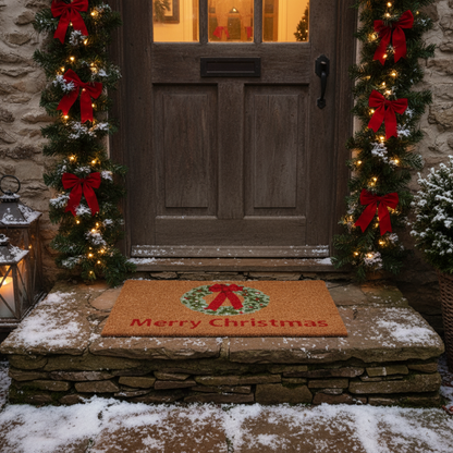 Merry Christmas Wreath Door Mat