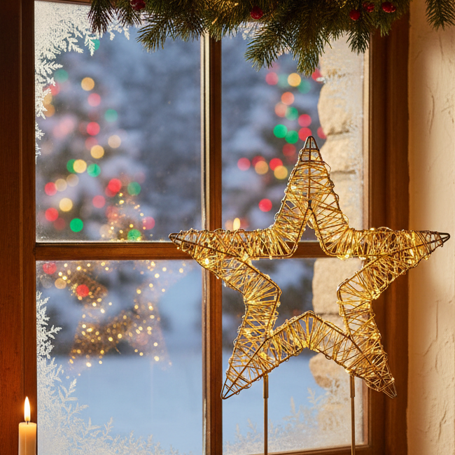 Decorative star light on a stand against a black background
