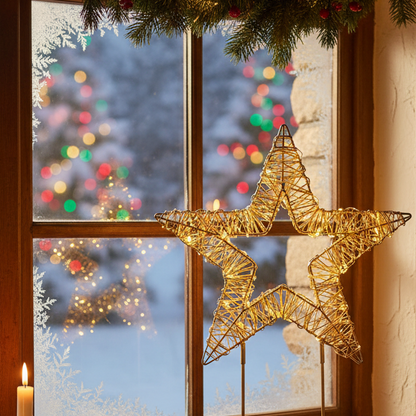 Decorative star light on a stand against a black background