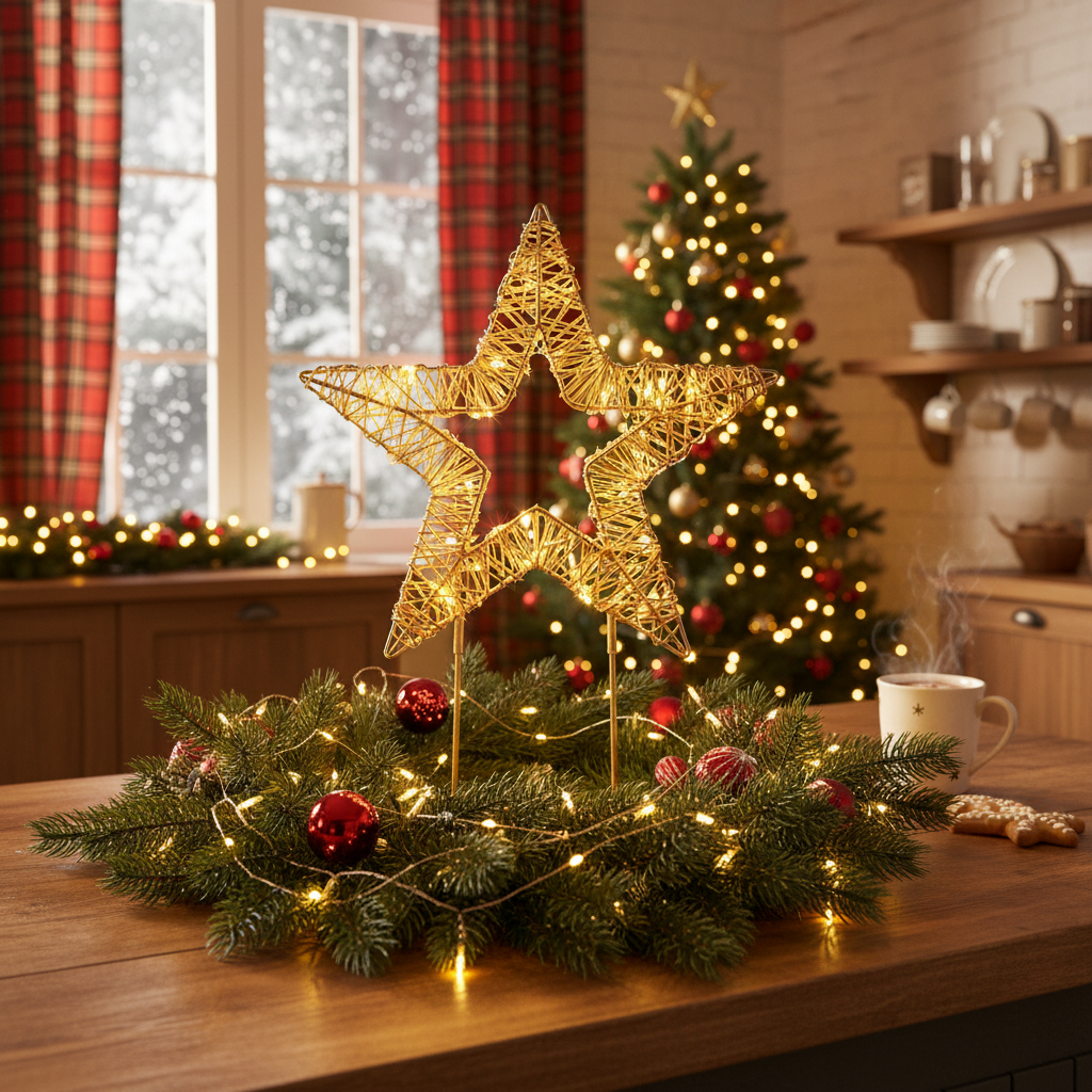 Decorative Christmas star with lights on a table in a cozy kitchen setting.