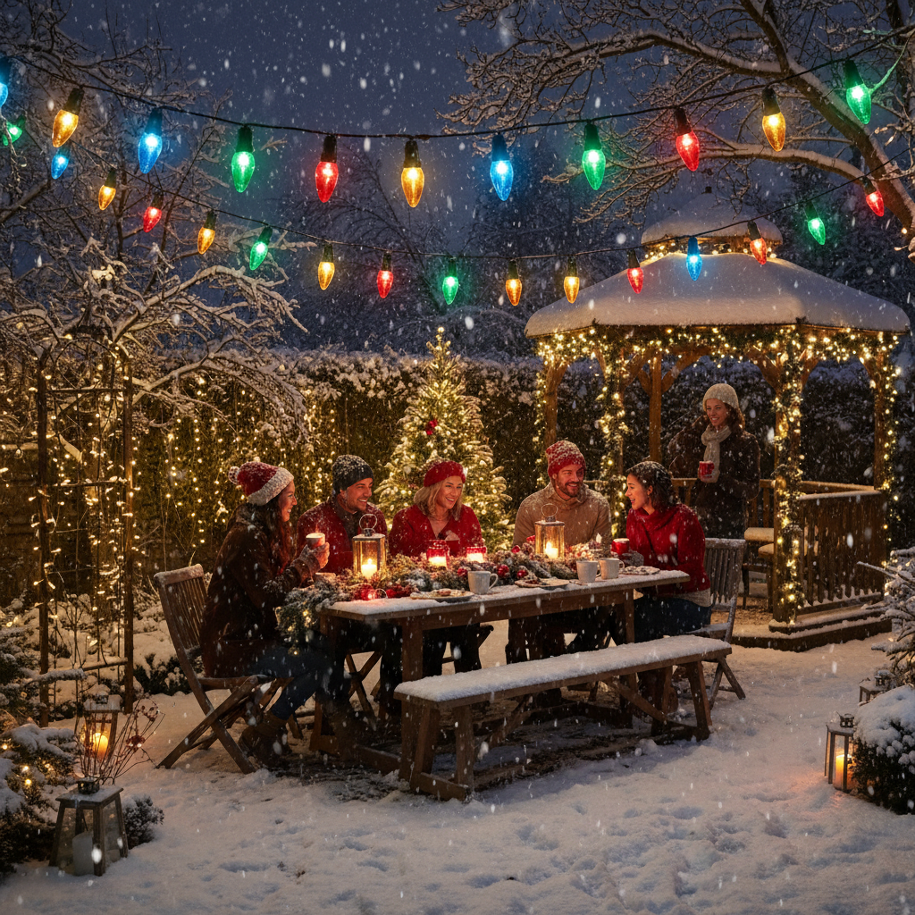 Packaging for Premier 80 LED multi-colour party lights with a depiction of the lights on a Christmas tree and the product's features.