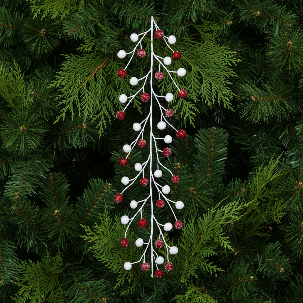 A red and white frosted pom pom Christmas garland isolated on a white background.