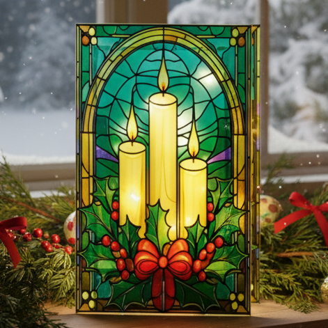 Stained glass panel with three candles and a bow on a white background