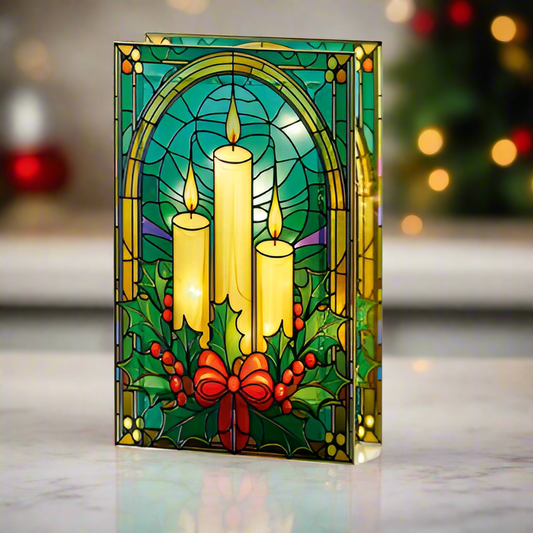 Candles and Holly Stained Glass Lit Ornament