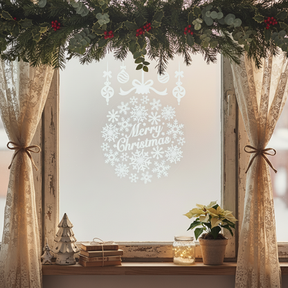 A round window sticker with a 'Merry Christmas' message, decorated with snowflake designs and Christmas baubles.
