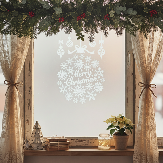 A round window sticker with a 'Merry Christmas' message, decorated with snowflake designs and Christmas baubles.