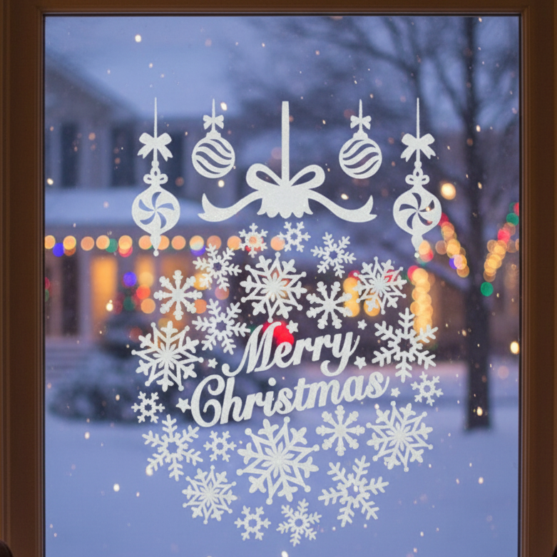 A round window sticker with a 'Merry Christmas' message, decorated with snowflake designs and Christmas baubles.