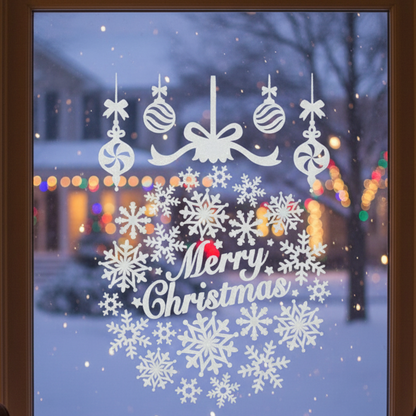 A round window sticker with a 'Merry Christmas' message, decorated with snowflake designs and Christmas baubles.