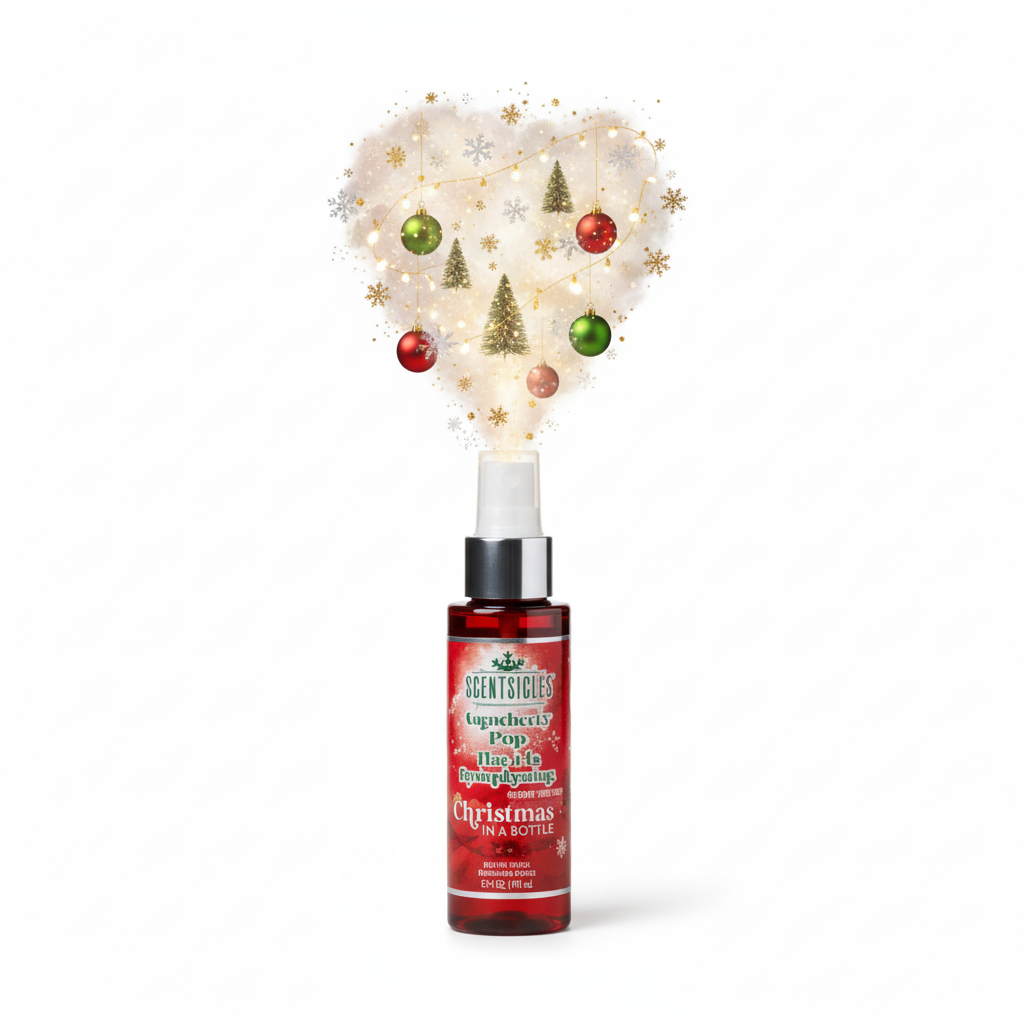 Display of 'Christmas in a Bottle' scentsicles with red packaging on a white background