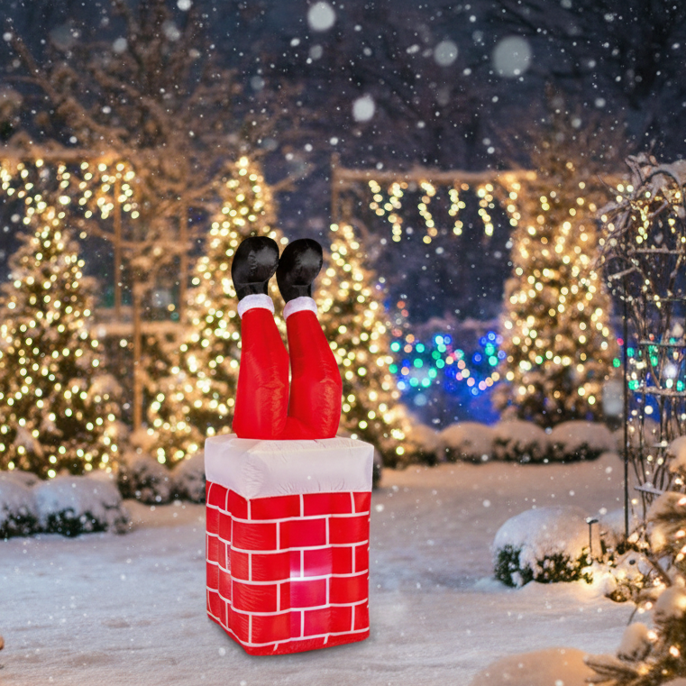 An inflatable Santa Claus figure with moving legs, stuck in a chimney, with a red suit and white trim. The figure is illuminated by LED lights.