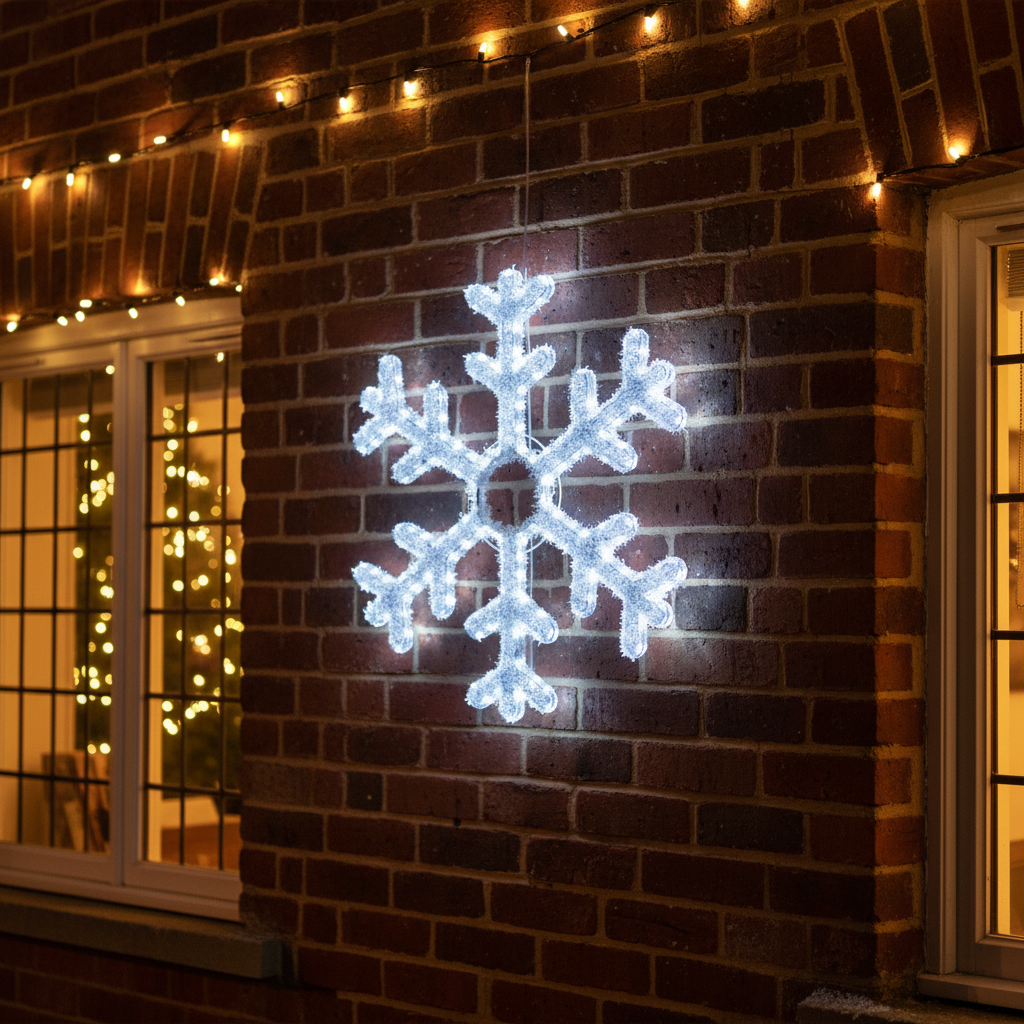 A white tinsel snowflake-shaped rope light displaying LED lights, seen against a dark background.