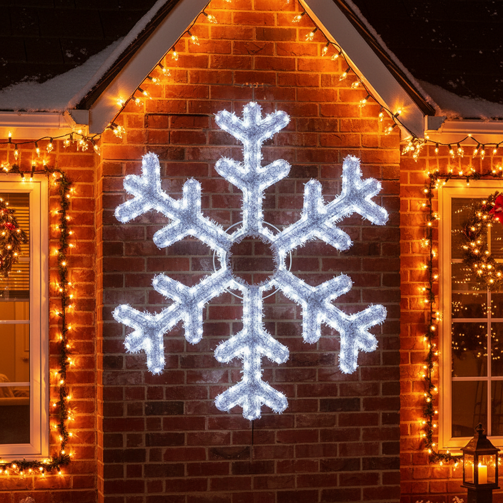 A white tinsel snowflake-shaped rope light displaying LED lights, seen against a dark background.