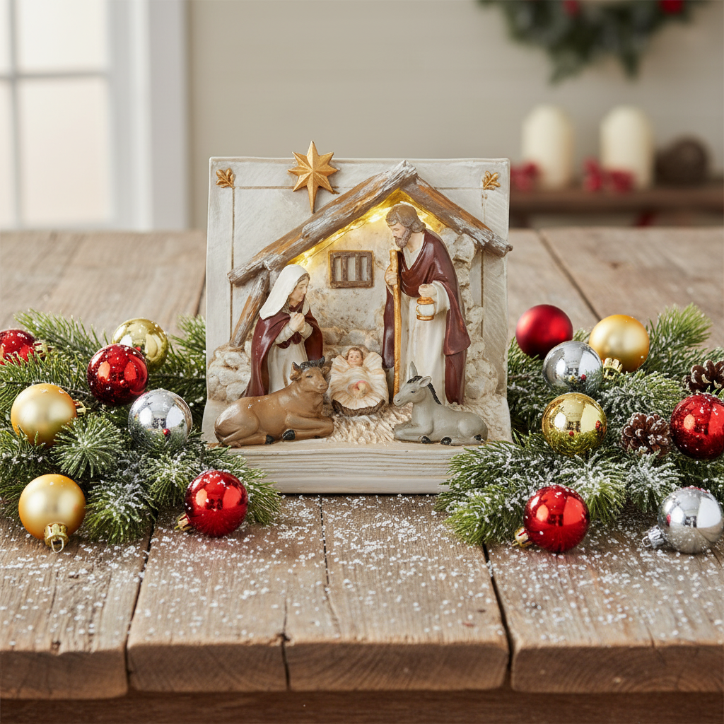 Decorative nativity scene with figures and animals on a white background