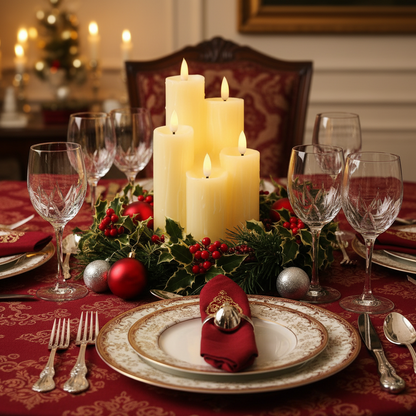 A set of five LED melted edge wax Christmas candles placed on a wooden holder, with a flickering effect to simulate a real flame. The candles are surrounded by holly and Christmas decorations.