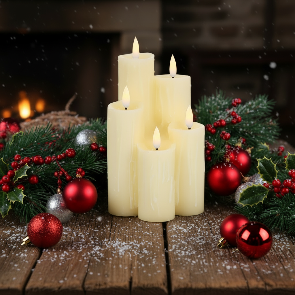 A set of five LED melted edge wax Christmas candles placed on a wooden holder, with a flickering effect to simulate a real flame. The candles are surrounded by holly and Christmas decorations.