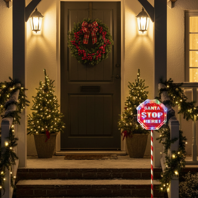 Decorated house entrance with Christmas wreath, lights, and 'Santa Stop Here' sign.