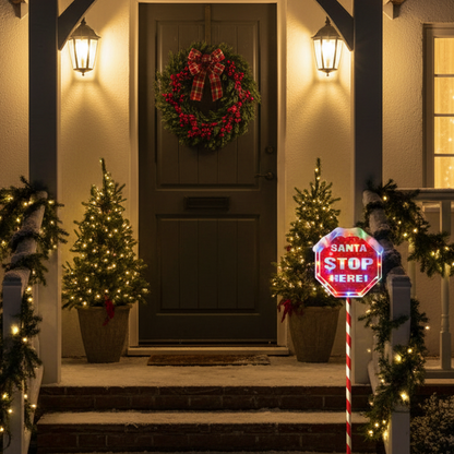 Decorated house entrance with Christmas wreath, lights, and 'Santa Stop Here' sign.
