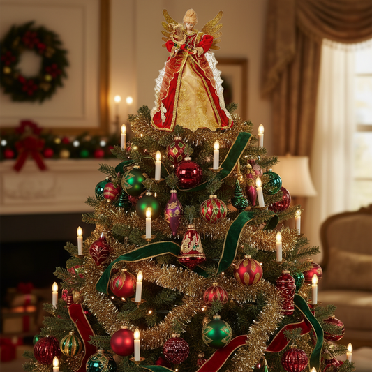 A red and gold adorned Christmas tree topper featuring a golden angel with metal wings holding a golden harp.
