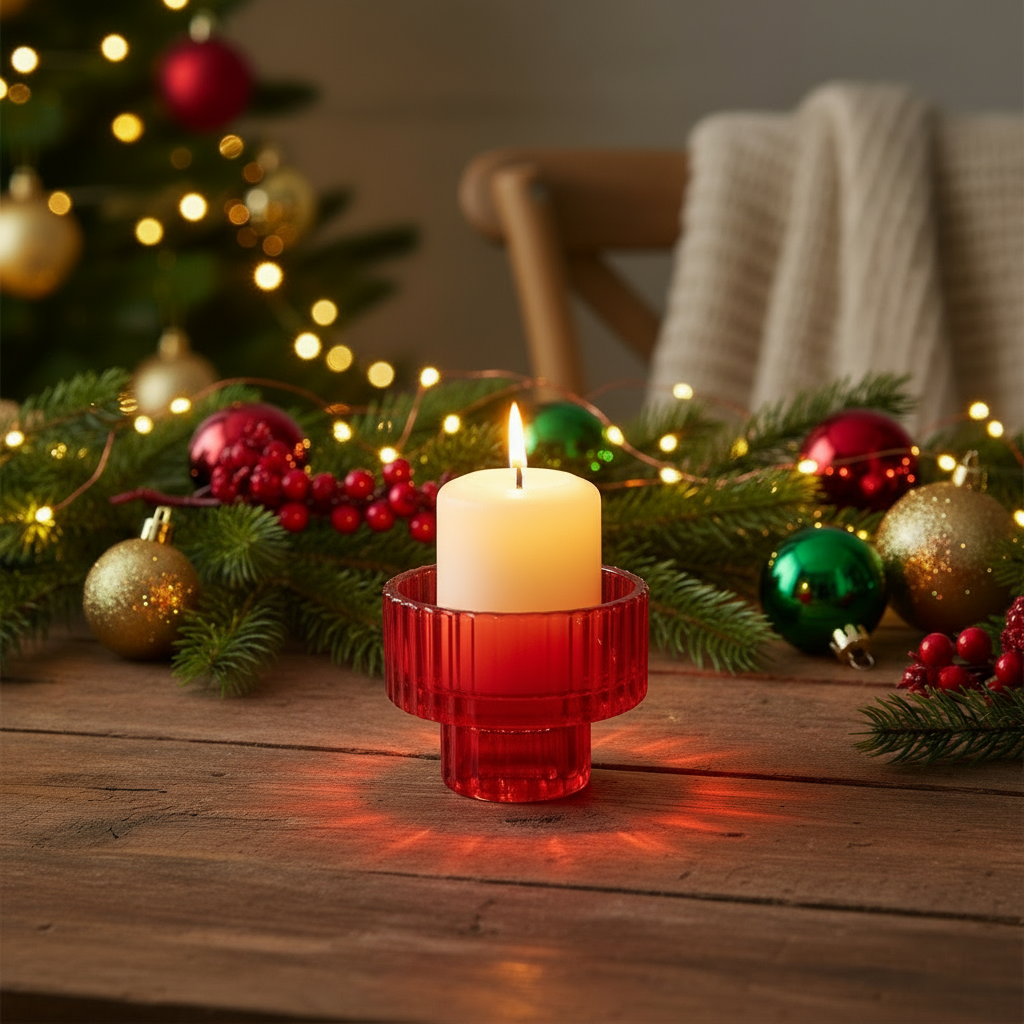 Red Glass Christmas Candle Holder
