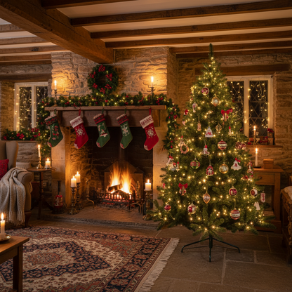 A 6-foot tall Woodcote Spruce Christmas tree with PVC-tipped branches and a metal folding stand.