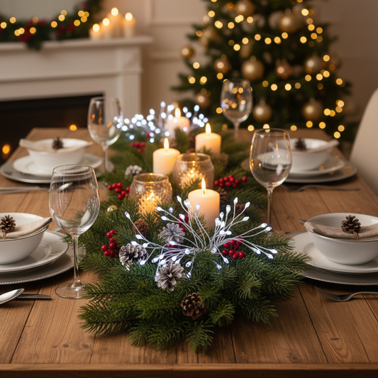 A silver wire garland featuring multiple white LED lights, designed for lighting in home or garden settings.