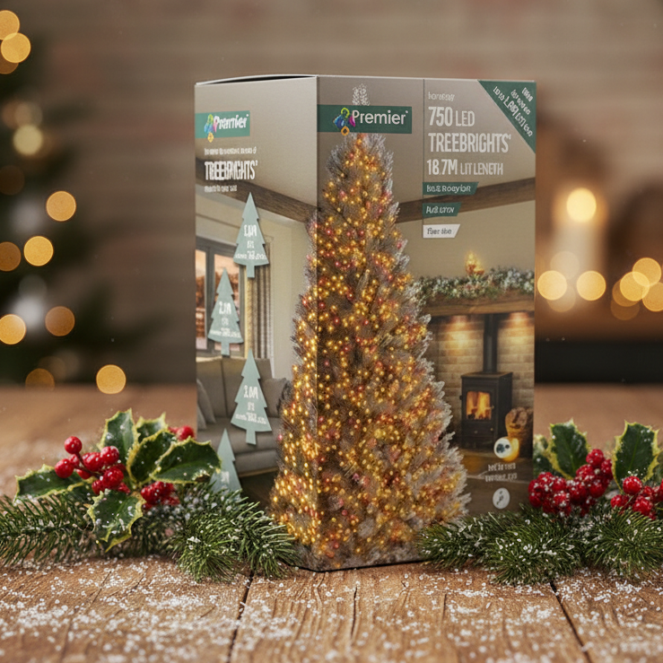 Boxed Christmas tree with lights and decorative elements on a white background