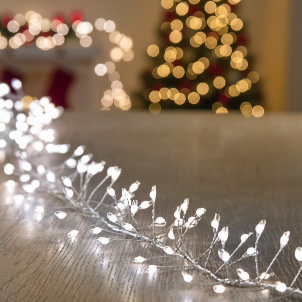 Close-up of white LED cluster lights on a silver wire, showing the lights illuminated in a blurred background.