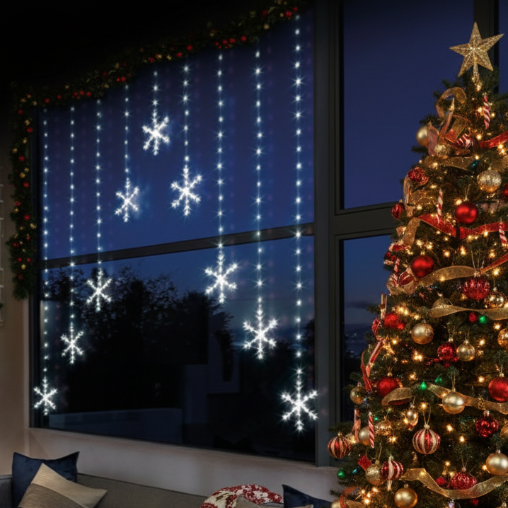 White Snowflake V-Shaped Christmas Curtain Lights