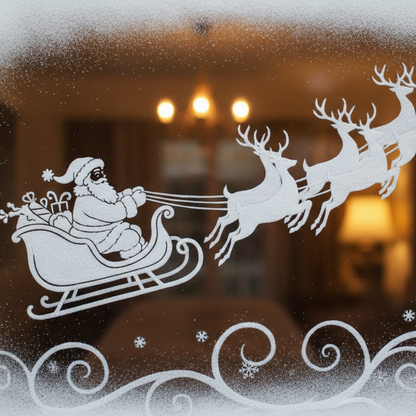 vintage santa and sleigh on window with snow spray 