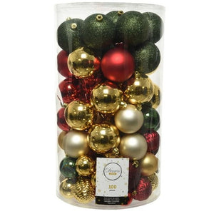 100 Mixed Set of Green, Gold & Red Shatterproof Baubles